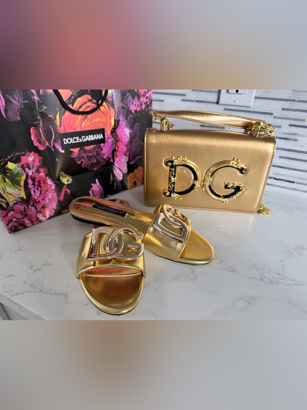 Metallic Gold Patent DG-Emblem Shoulder Bag with Matching Slides size 6 - Picture 2 of 16